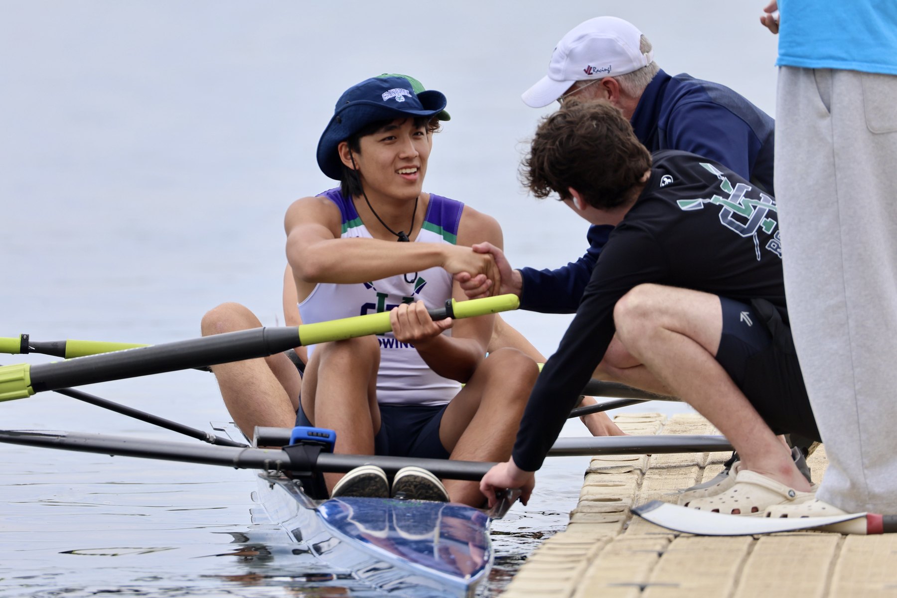 Hugo off the water, with a coach