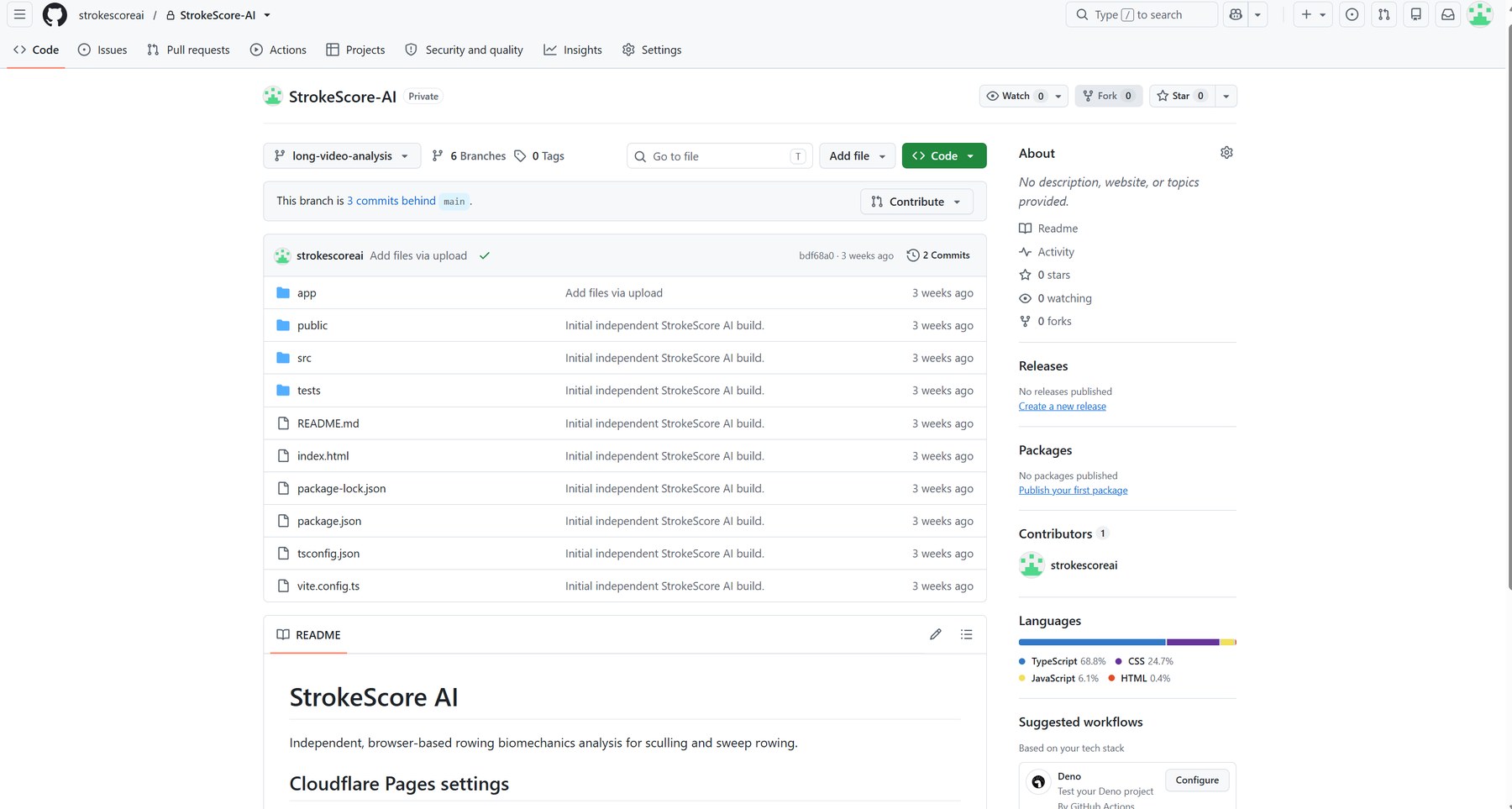 StrokeScore AI's private GitHub repository, showing the project's source and commit history
