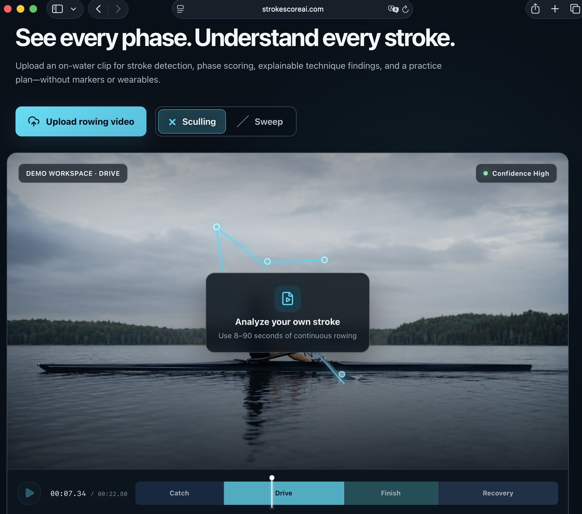 StrokeScore AI homepage — pose-estimation overlay on a rowing video